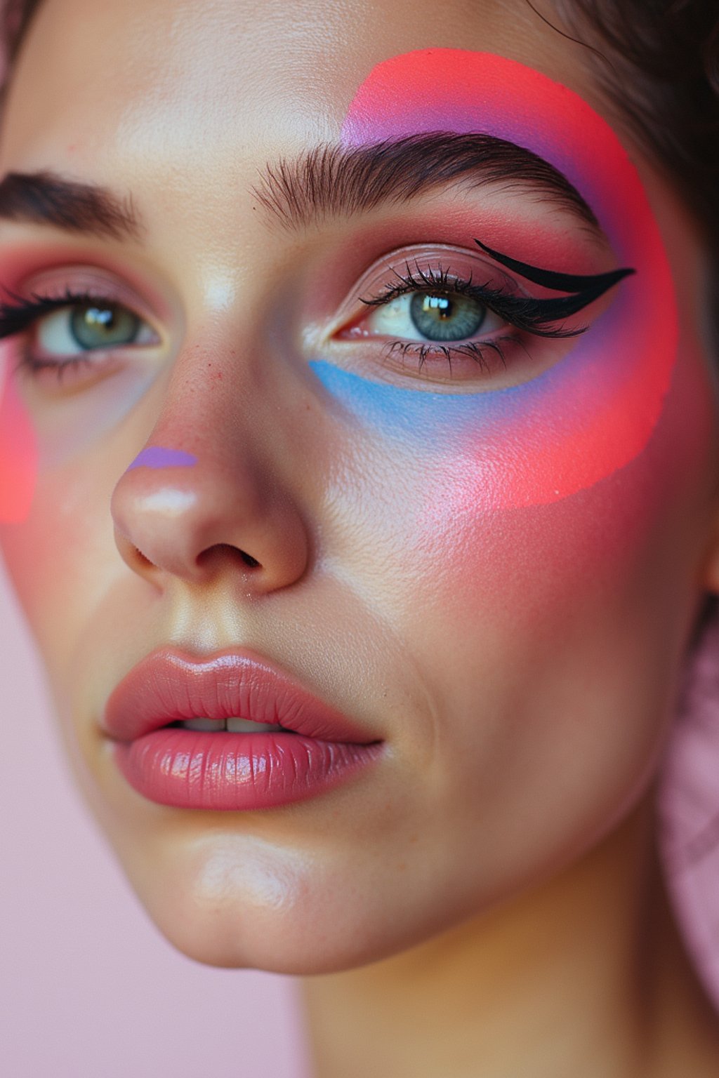 close-up of Model with an avant-garde makeup look, including graphic eyeliner shapes and vibrant cheek colors. set against a soft, pastel background