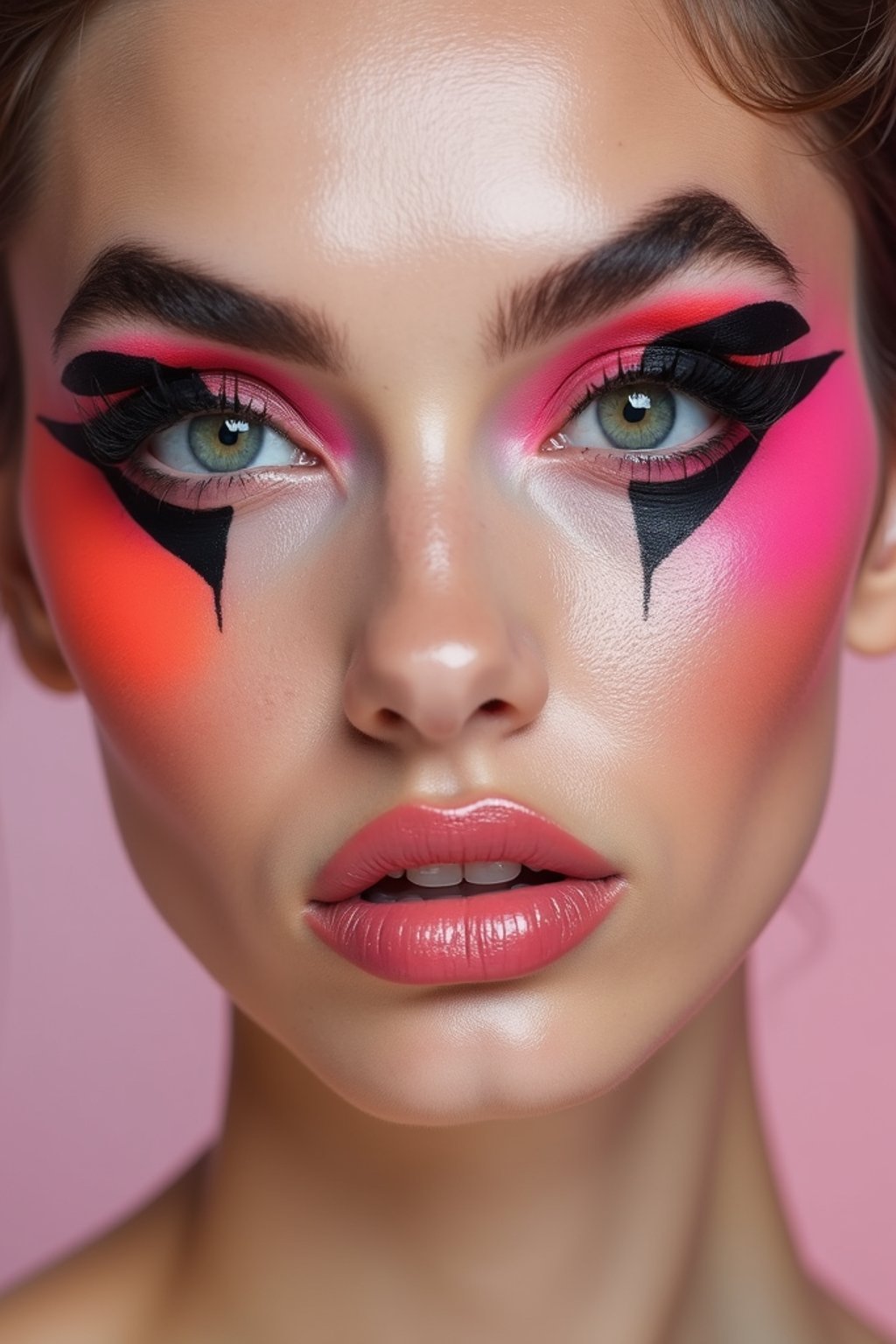 close-up of Model with an avant-garde makeup look, including graphic eyeliner shapes and vibrant cheek colors. set against a soft, pastel background