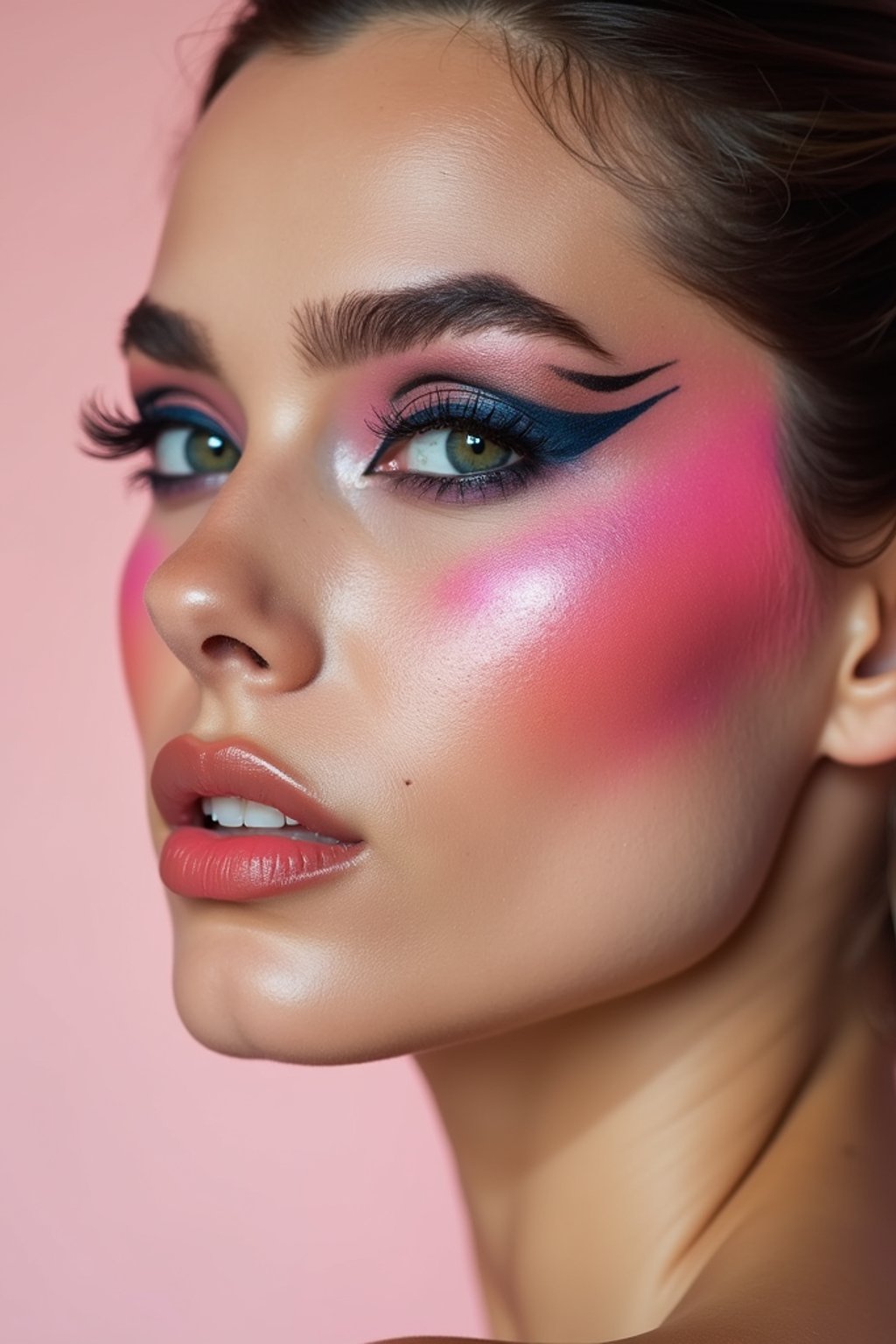 close-up of Model with an avant-garde makeup look, including graphic eyeliner shapes and vibrant cheek colors. set against a soft, pastel background