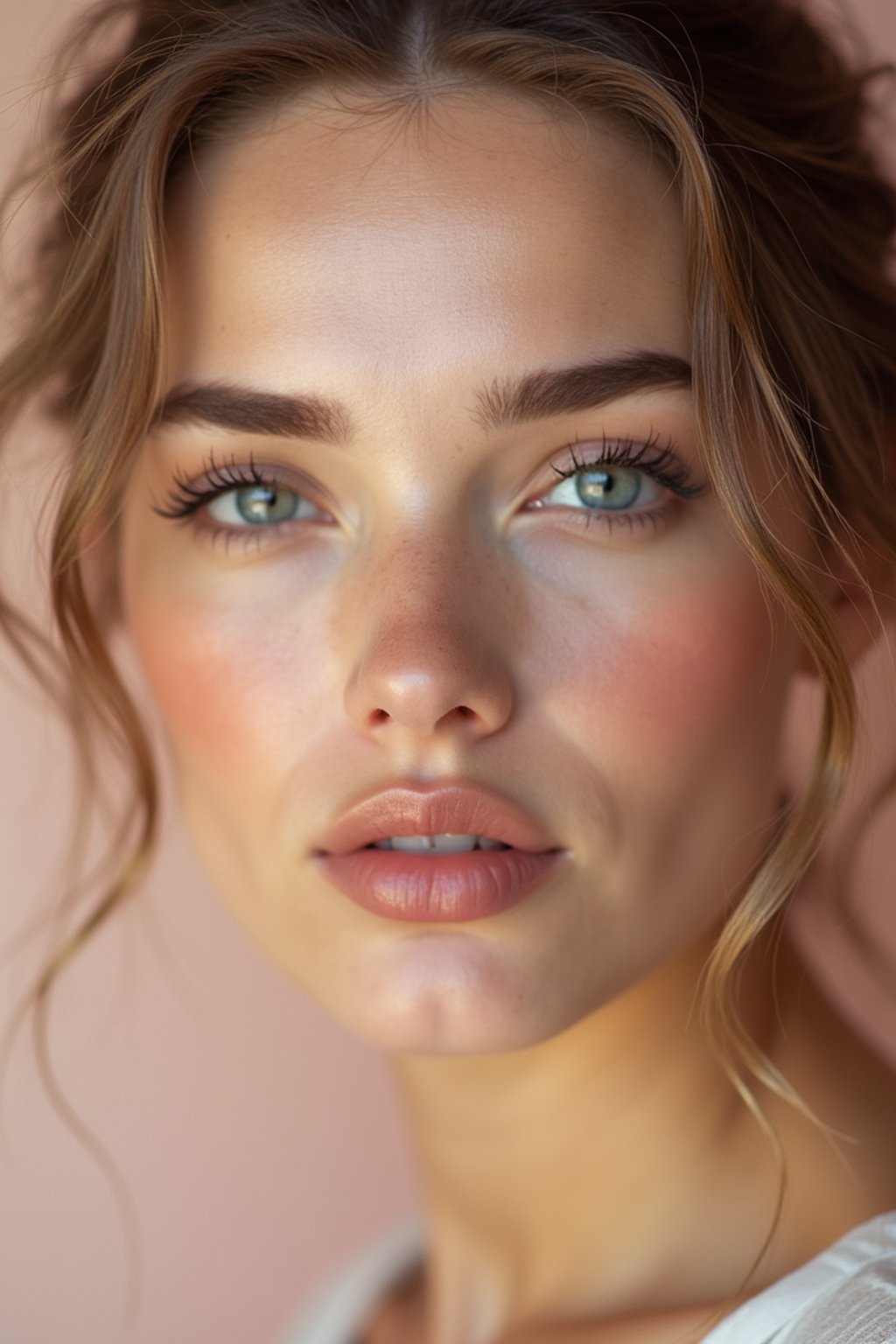 close-up of Beauty shot of woman featuring dewy skin, natural makeup look with nude lips and fluttery lashes. set against a soft, pastel background