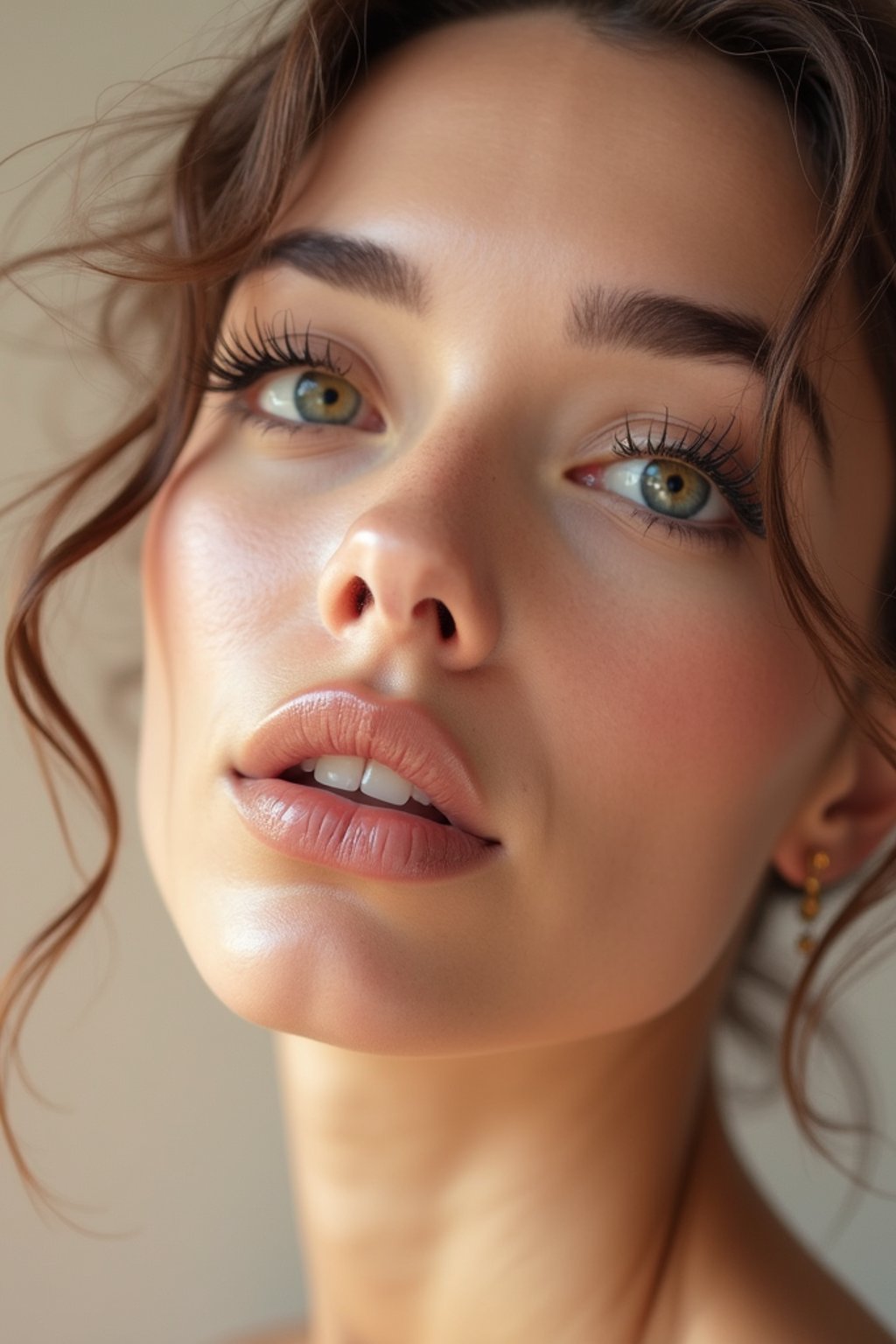 close-up of Beauty shot of woman featuring dewy skin, natural makeup look with nude lips and fluttery lashes. set against a soft, pastel background