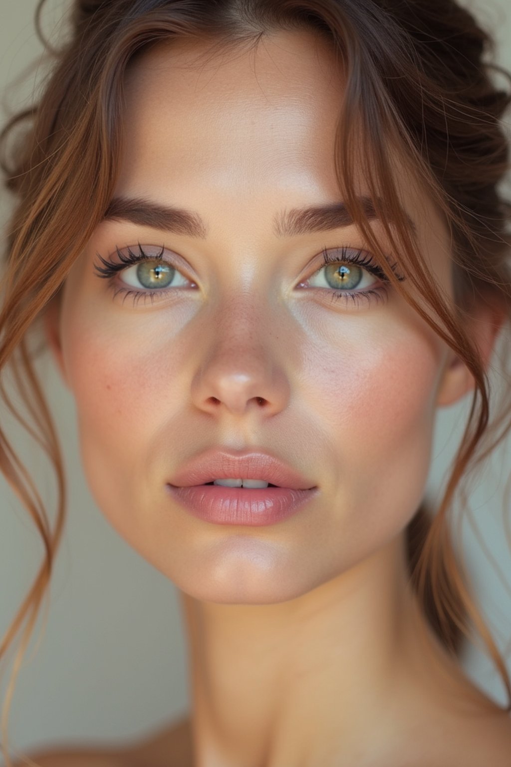 close-up of Beauty shot of woman featuring dewy skin, natural makeup look with nude lips and fluttery lashes. set against a soft, pastel background