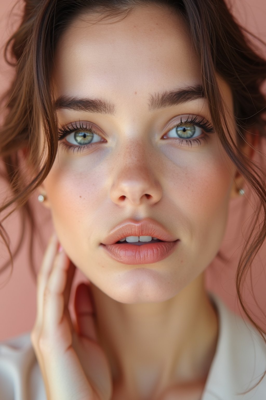 close-up of Beauty shot of woman featuring dewy skin, natural makeup look with nude lips and fluttery lashes. set against a soft, pastel background