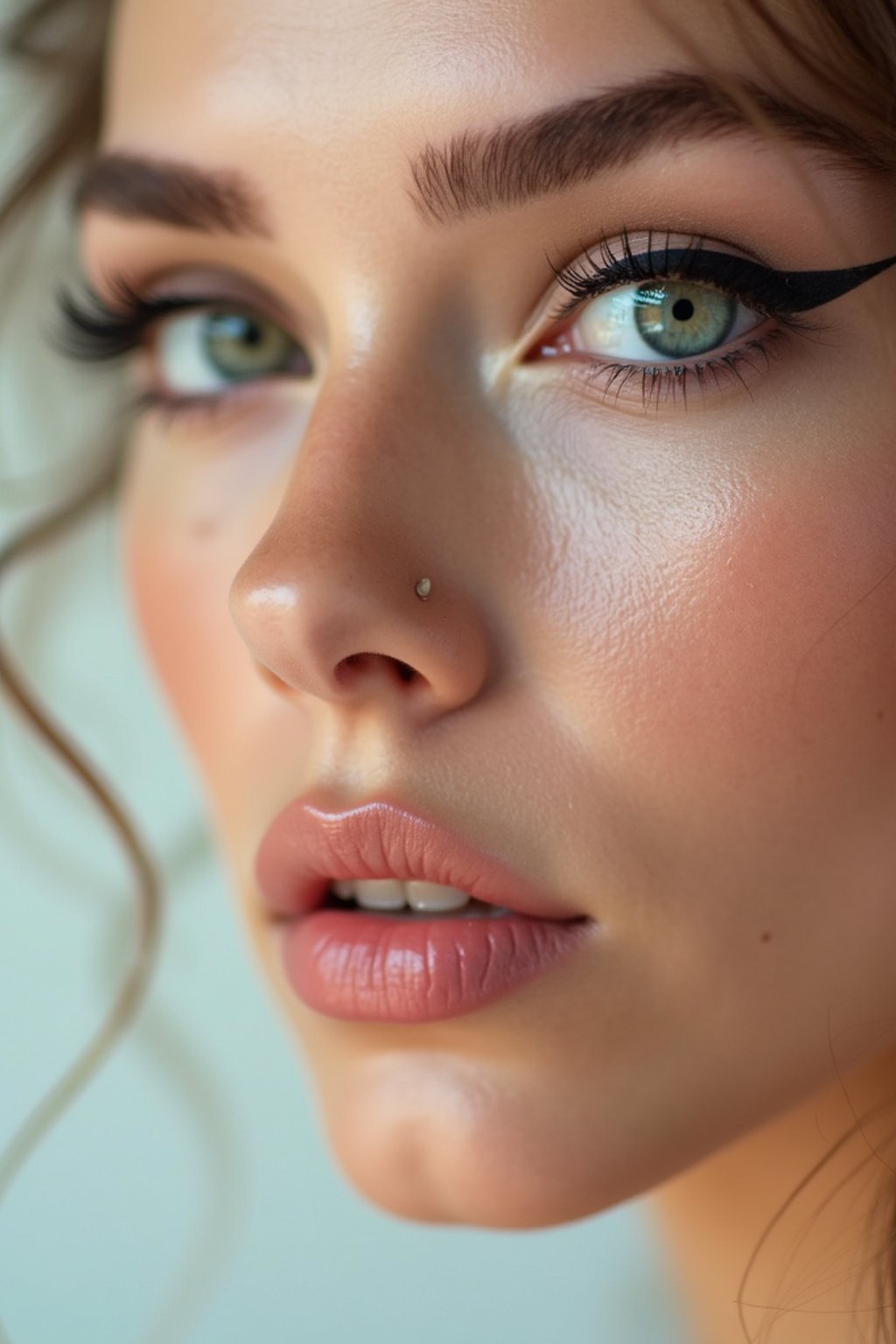 close-up of Model sporting winged eyeliner and matte skin finish. set against a soft, pastel background