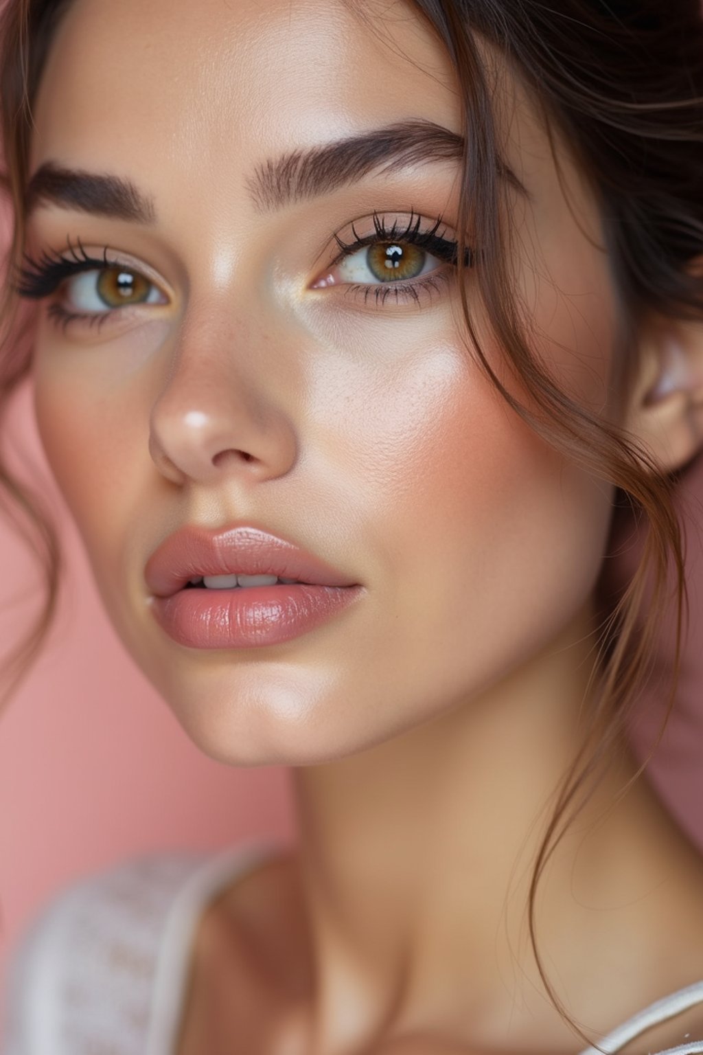 close-up of Model sporting winged eyeliner and matte skin finish. set against a soft, pastel background