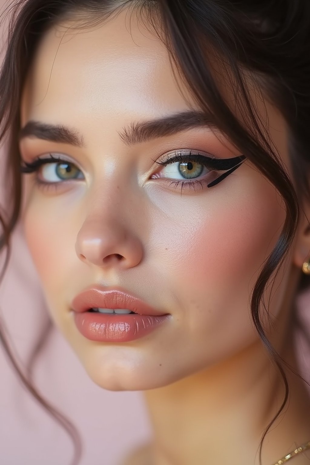 close-up of Model sporting winged eyeliner and matte skin finish. set against a soft, pastel background