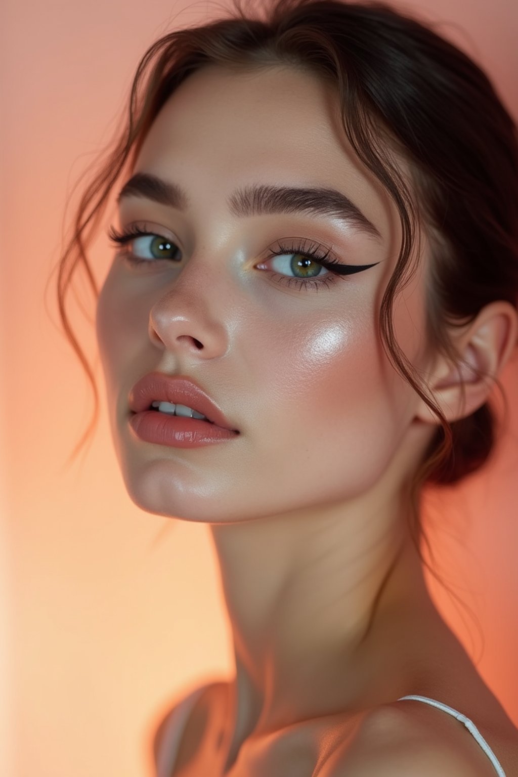 close-up of Model sporting winged eyeliner and matte skin finish. set against a soft, pastel background