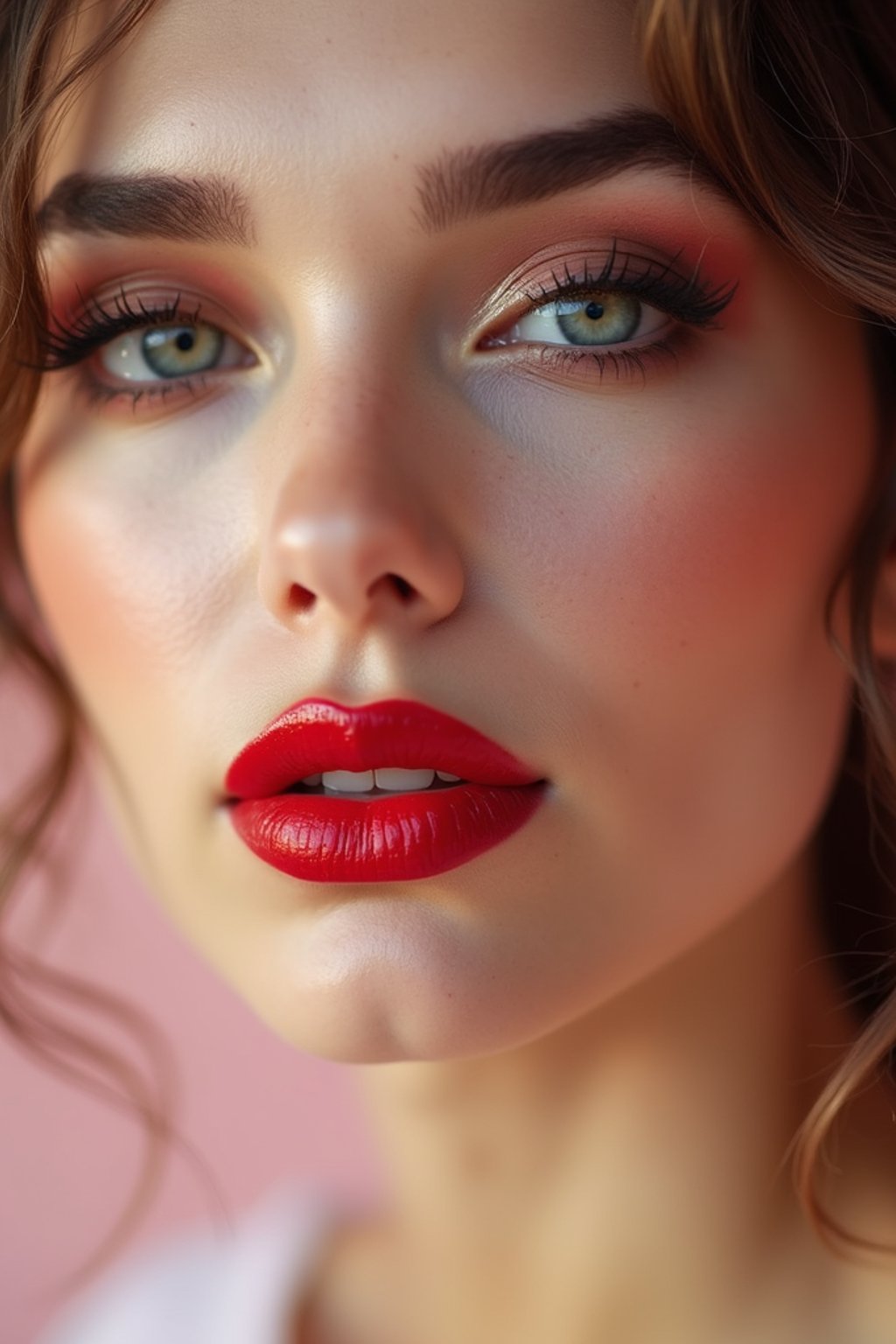 close-up of Model with a bold red lipstick and smokey eye makeup, set against a soft, pastel background