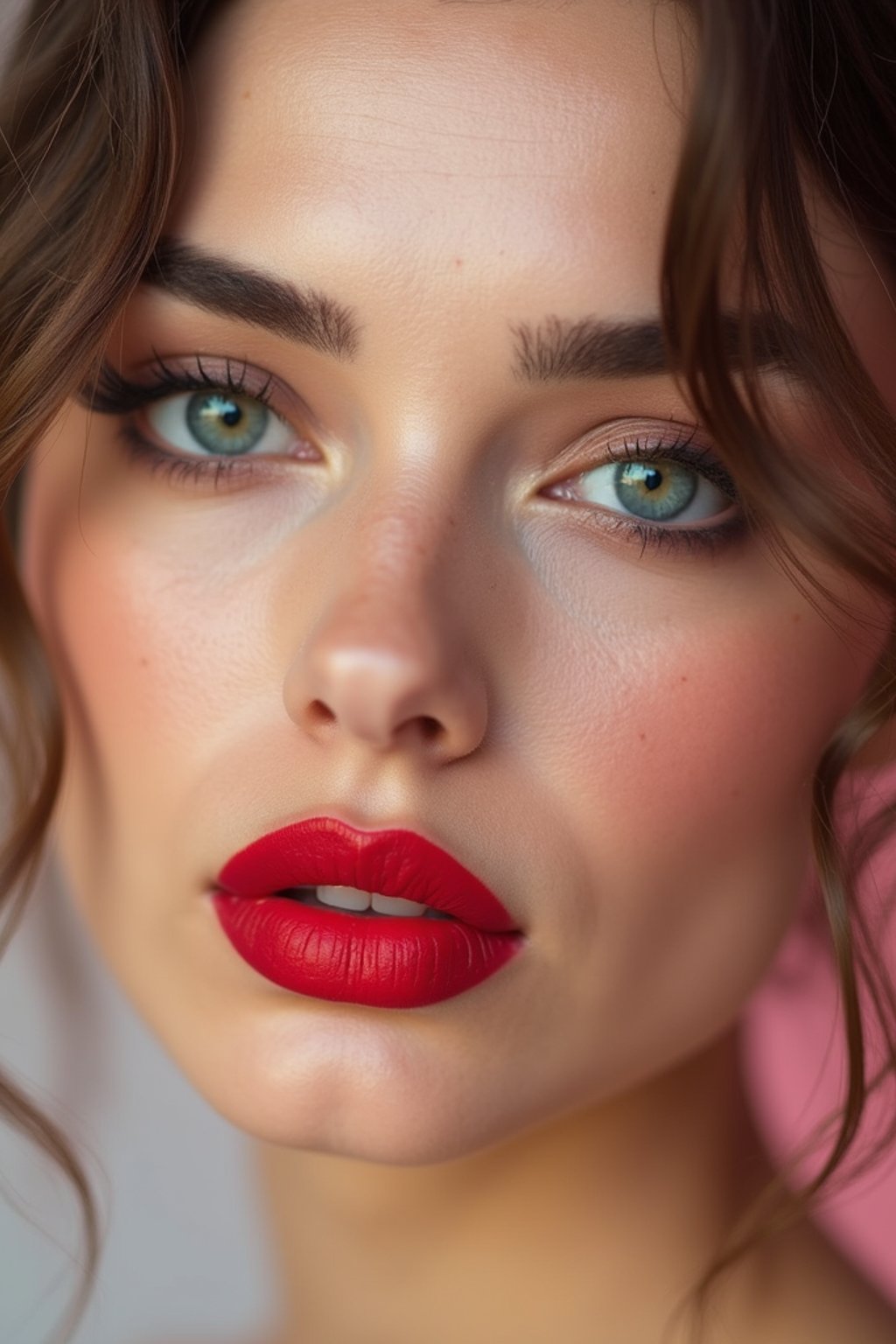 close-up of Model with a bold red lipstick and smokey eye makeup, set against a soft, pastel background