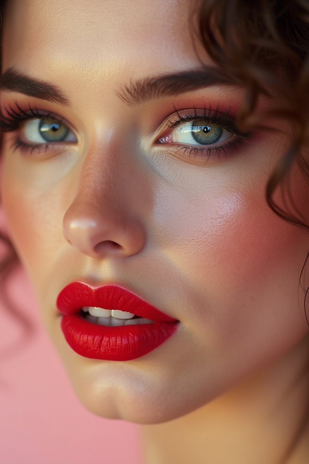 close-up of Model with a bold red lipstick and smokey eye makeup, set against a soft, pastel background