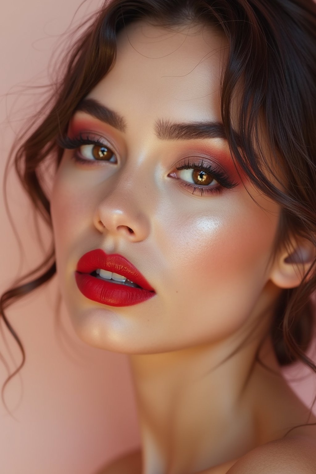 close-up of Model with a bold red lipstick and smokey eye makeup, set against a soft, pastel background