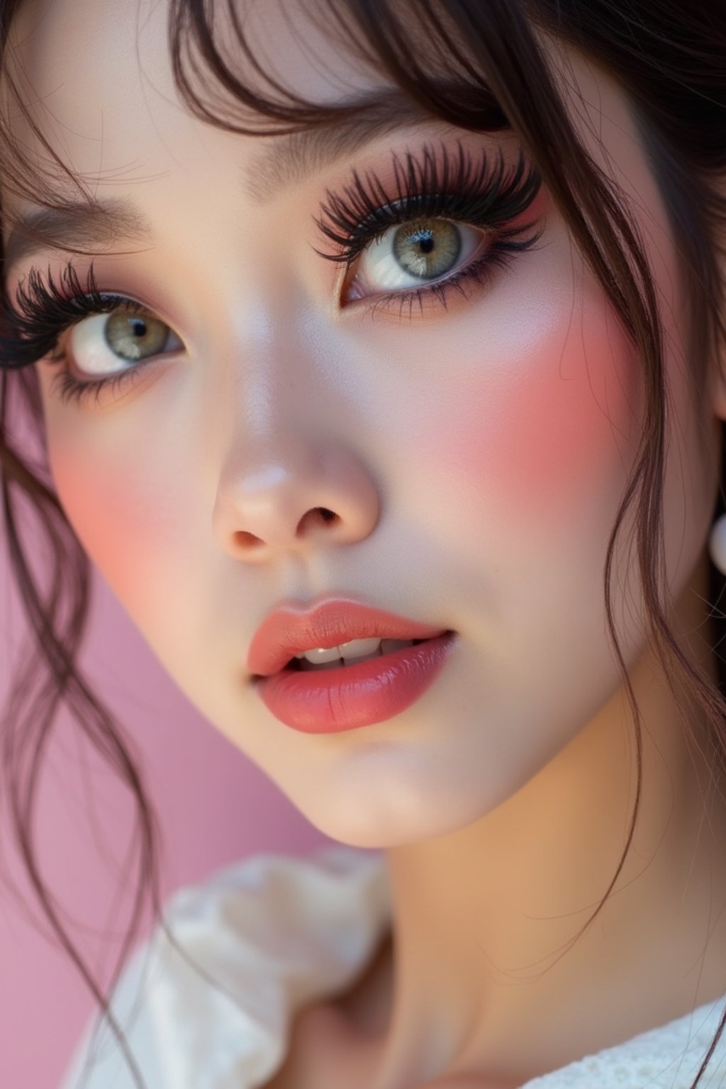 close-up of woman showcasing an Korean-style manga makeup look on woman, featuring oversized, dramatically long eyelashes that create a wide-eyed, whimsical appearance. The look is completed with bold, graphic eyeliner and a subtle blush to enhance the youthful and playful vibe. set against a soft, pastel background