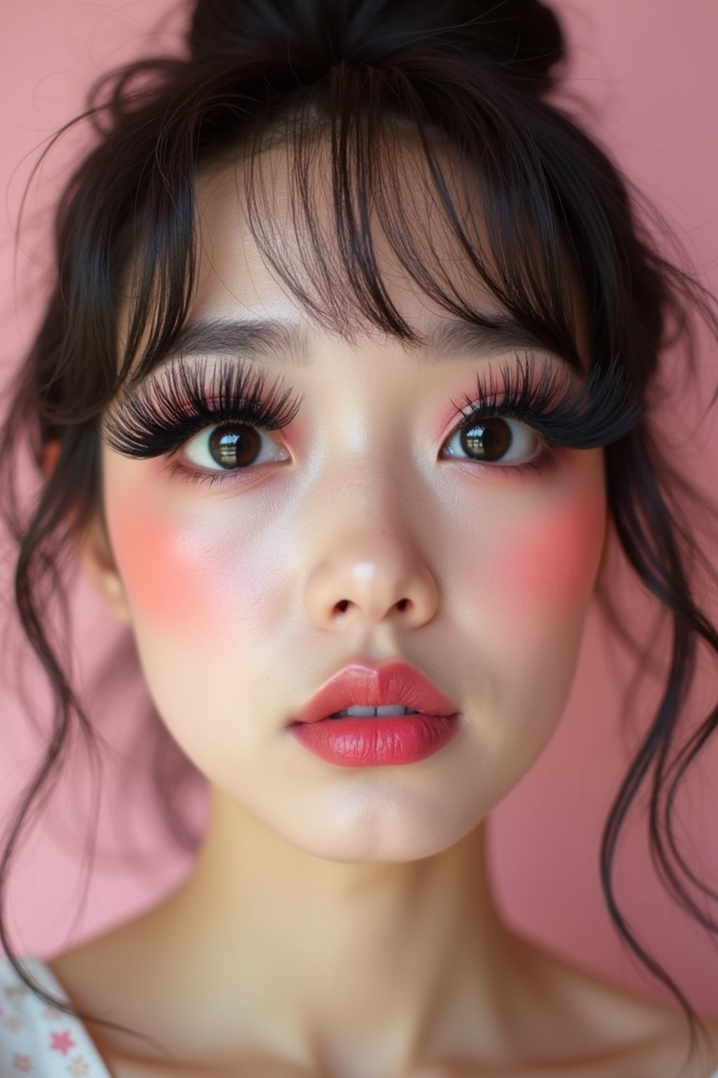 close-up of woman showcasing an Korean-style manga makeup look on woman, featuring oversized, dramatically long eyelashes that create a wide-eyed, whimsical appearance. The look is completed with bold, graphic eyeliner and a subtle blush to enhance the youthful and playful vibe. set against a soft, pastel background