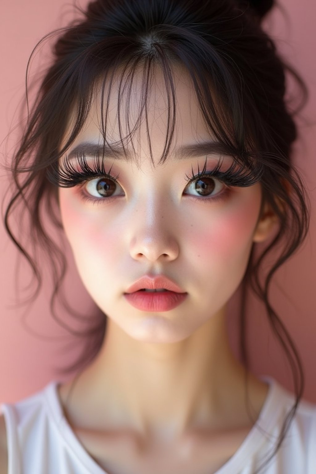 close-up of woman showcasing an Korean-style manga makeup look on woman, featuring oversized, dramatically long eyelashes that create a wide-eyed, whimsical appearance. The look is completed with bold, graphic eyeliner and a subtle blush to enhance the youthful and playful vibe. set against a soft, pastel background