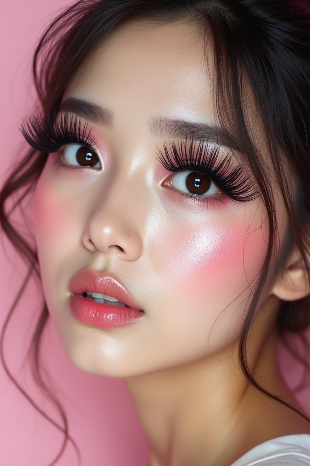 close-up of woman showcasing an Korean-style manga makeup look on woman, featuring oversized, dramatically long eyelashes that create a wide-eyed, whimsical appearance. The look is completed with bold, graphic eyeliner and a subtle blush to enhance the youthful and playful vibe. set against a soft, pastel background