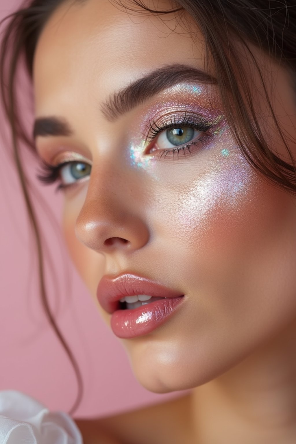 close-up of woman with glittery eye shadow and high-shine gloss, set against a soft, pastel background