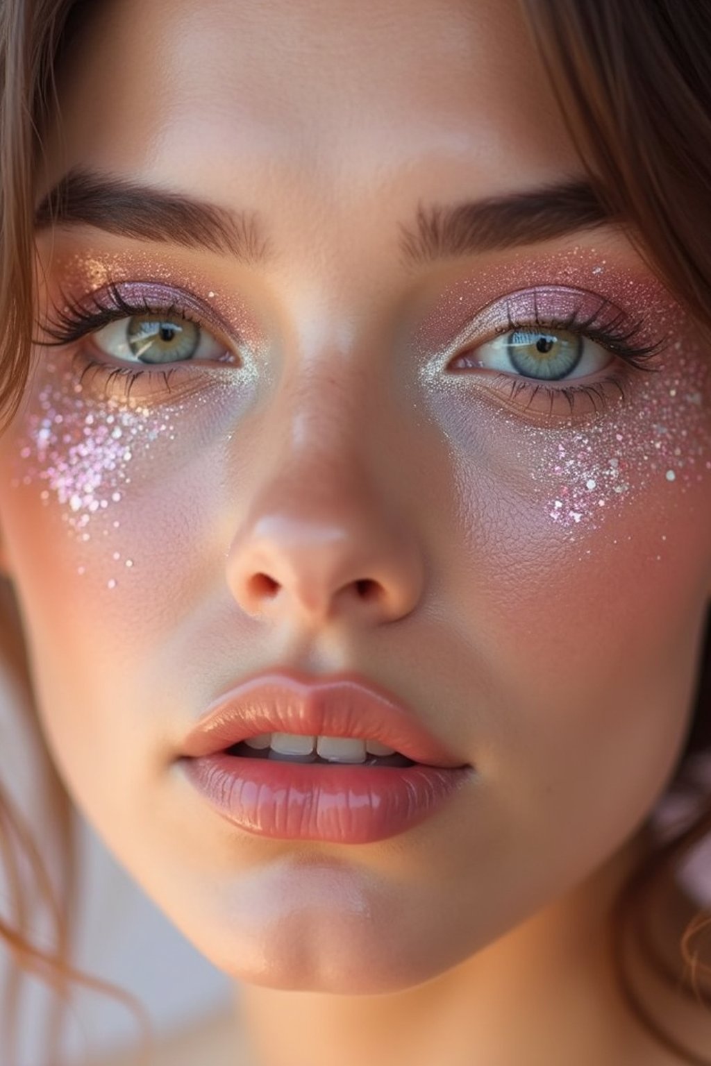 close-up of woman with glittery eye shadow and high-shine gloss, set against a soft, pastel background