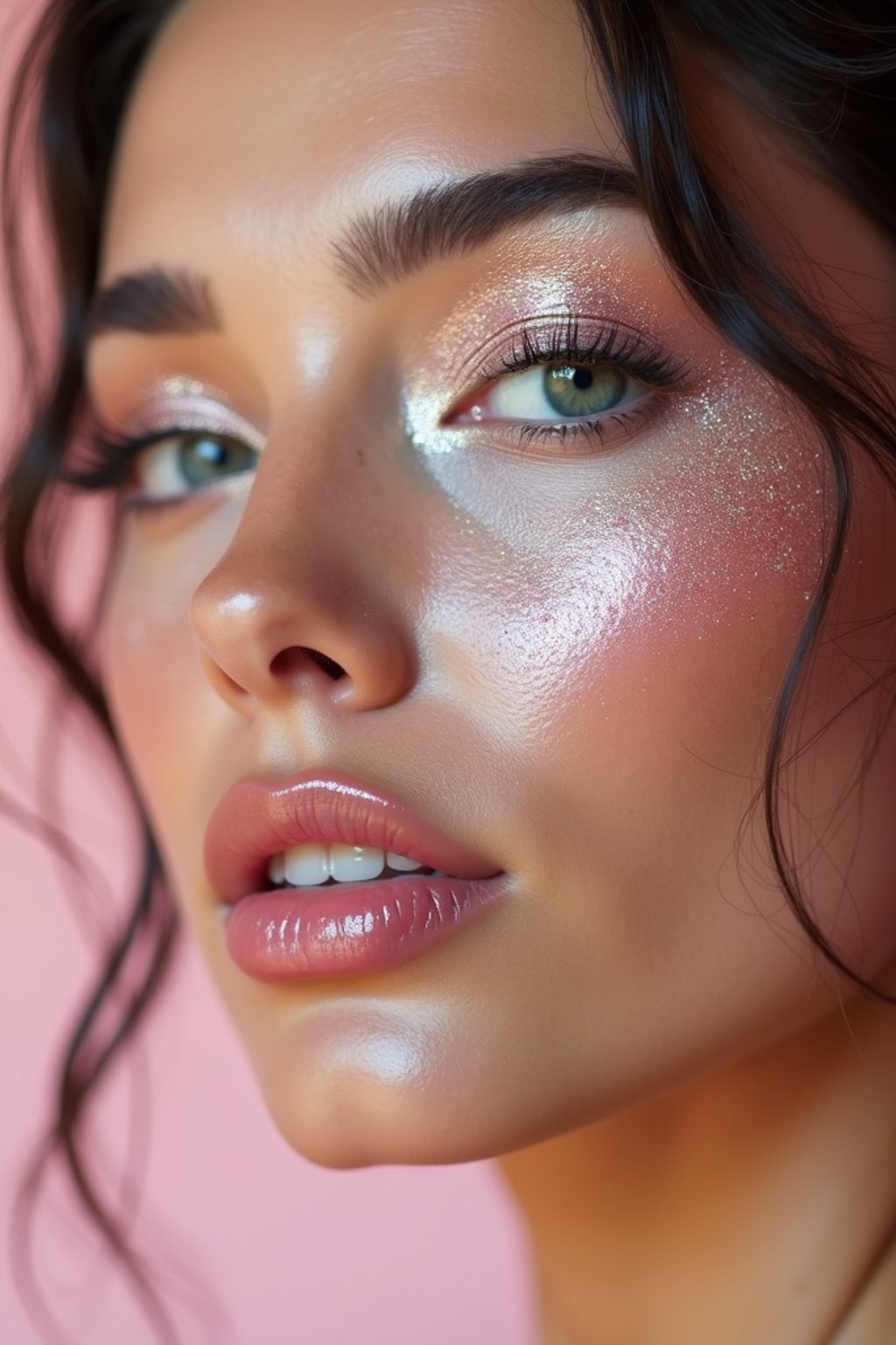 close-up of woman with glittery eye shadow and high-shine gloss, set against a soft, pastel background