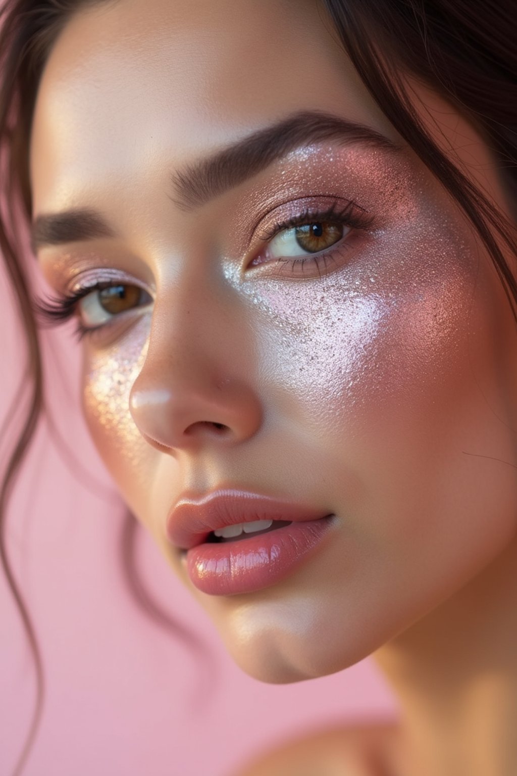 close-up of woman with glittery eye shadow and high-shine gloss, set against a soft, pastel background