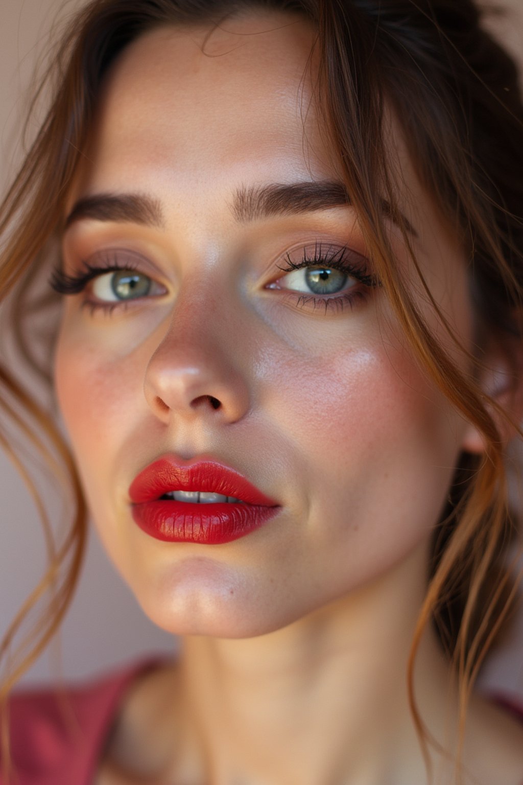 close up of woman with a bold red lipstick and smokey eye makeup. set against a soft, pastel background