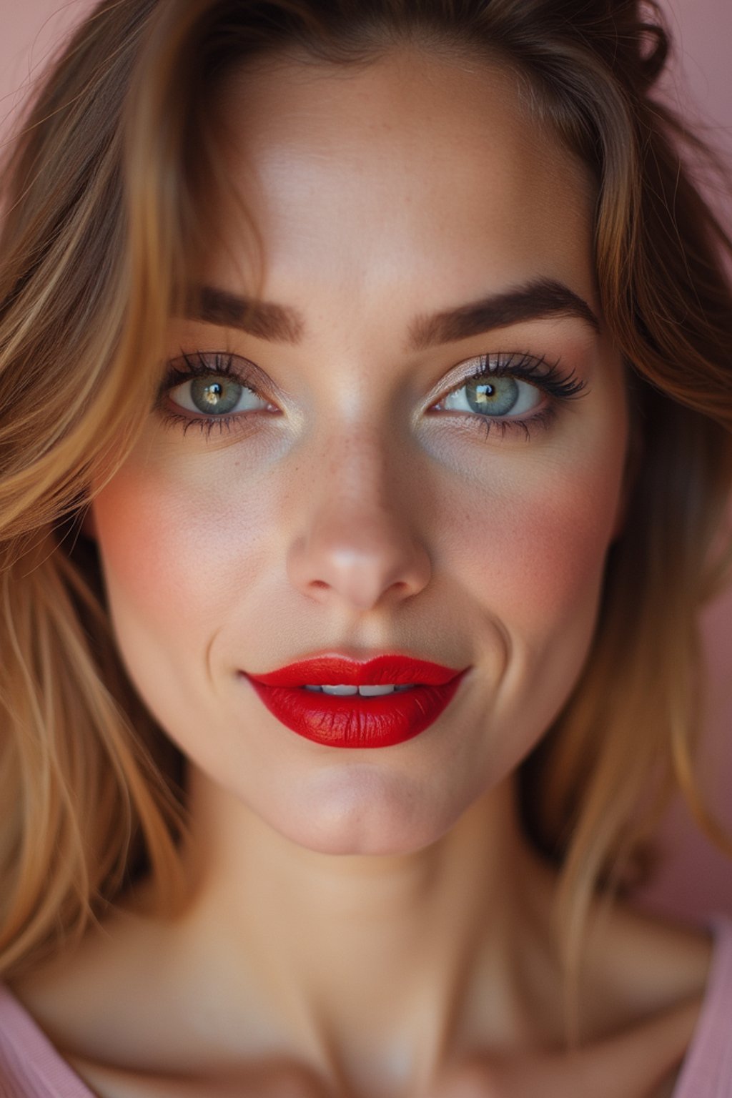 close up of woman with a bold red lipstick and smokey eye makeup. set against a soft, pastel background