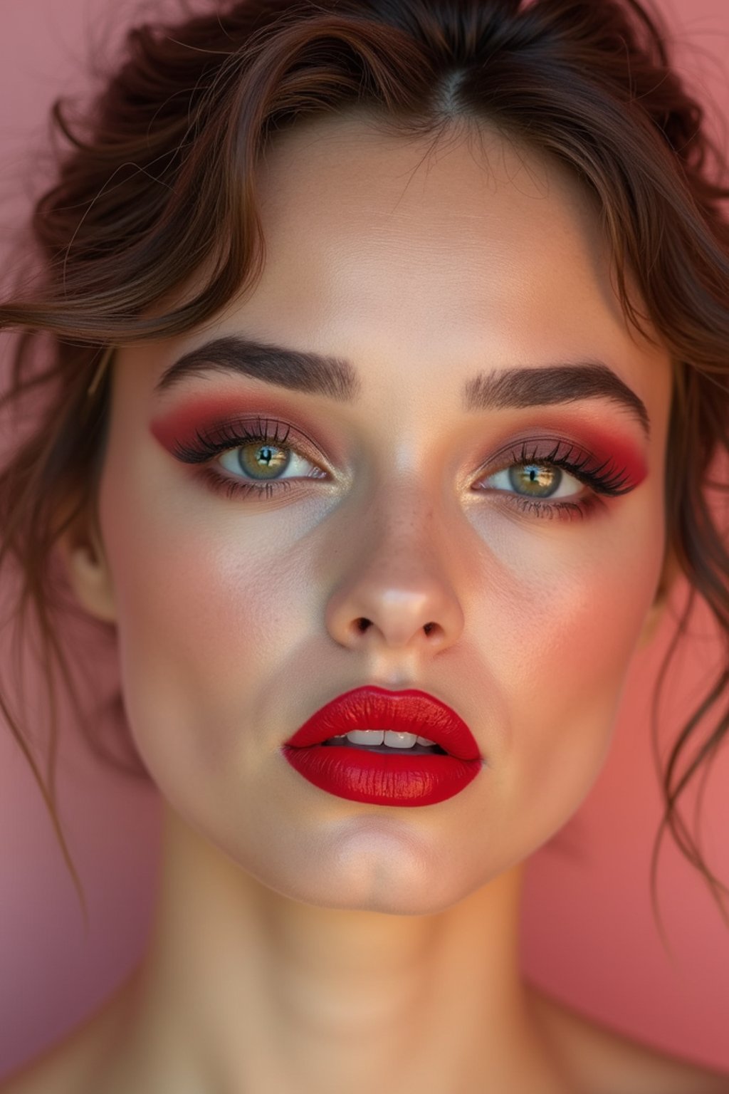 close up of woman with a bold red lipstick and smokey eye makeup. set against a soft, pastel background