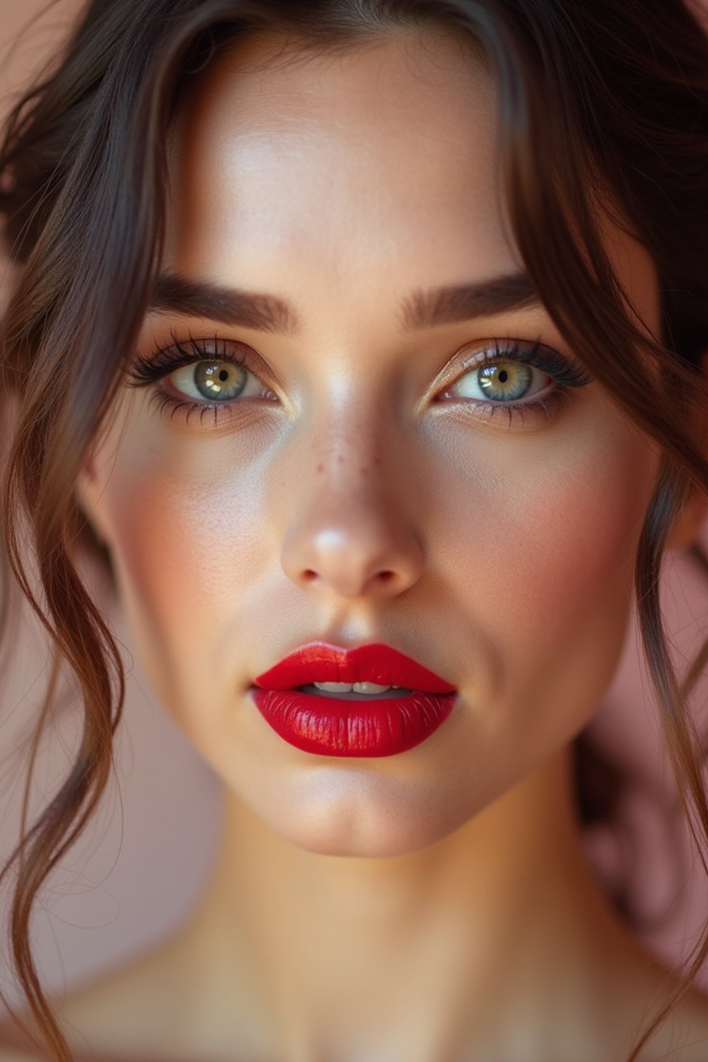 close up of woman with a bold red lipstick and smokey eye makeup. set against a soft, pastel background