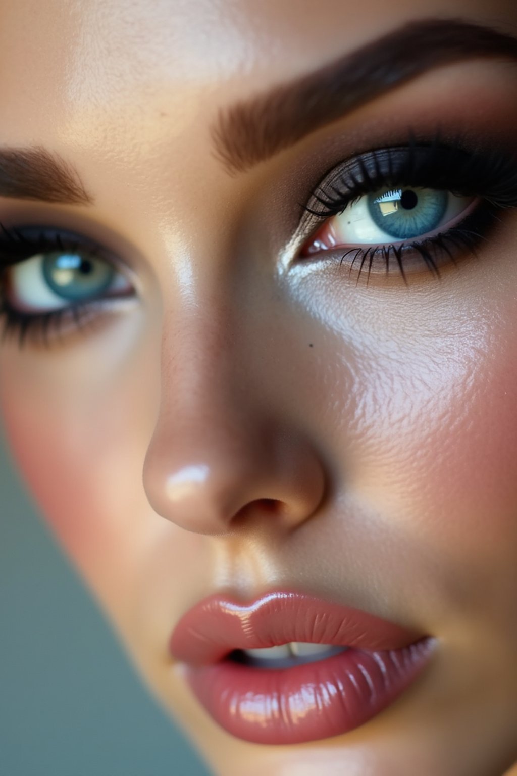 close up of woman with heavy smokey eye makeup, fake big eyelashes with lash lift.  dark black eyeshadow and thick eyeliner. contoured eyebrows. glossy reflective lipgloss. blue eye lenses. set against a soft, pastel background.