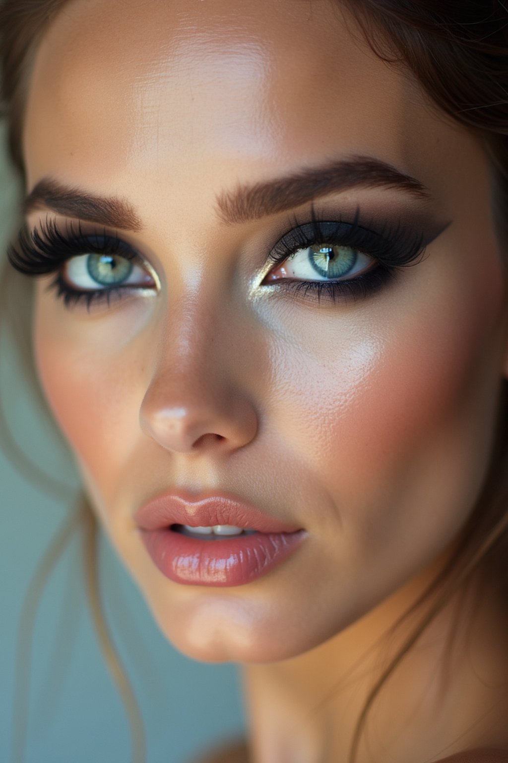 close up of woman with heavy smokey eye makeup, fake big eyelashes with lash lift.  dark black eyeshadow and thick eyeliner. contoured eyebrows. glossy reflective lipgloss. blue eye lenses. set against a soft, pastel background.