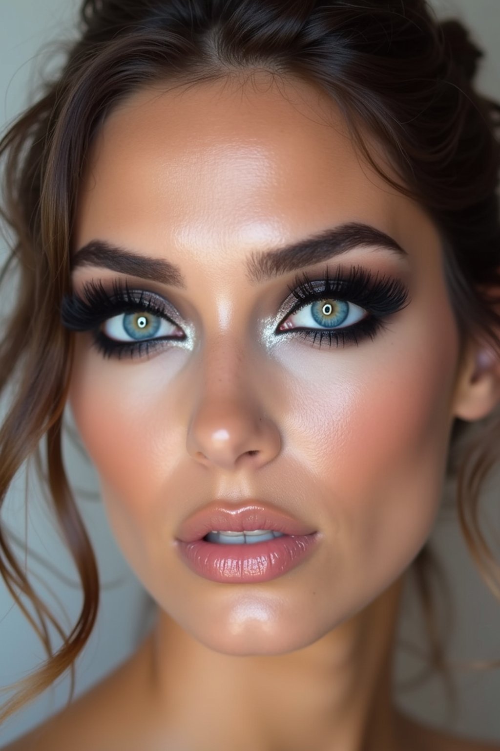 close up of woman with heavy smokey eye makeup, fake big eyelashes with lash lift.  dark black eyeshadow and thick eyeliner. contoured eyebrows. glossy reflective lipgloss. blue eye lenses. set against a soft, pastel background.