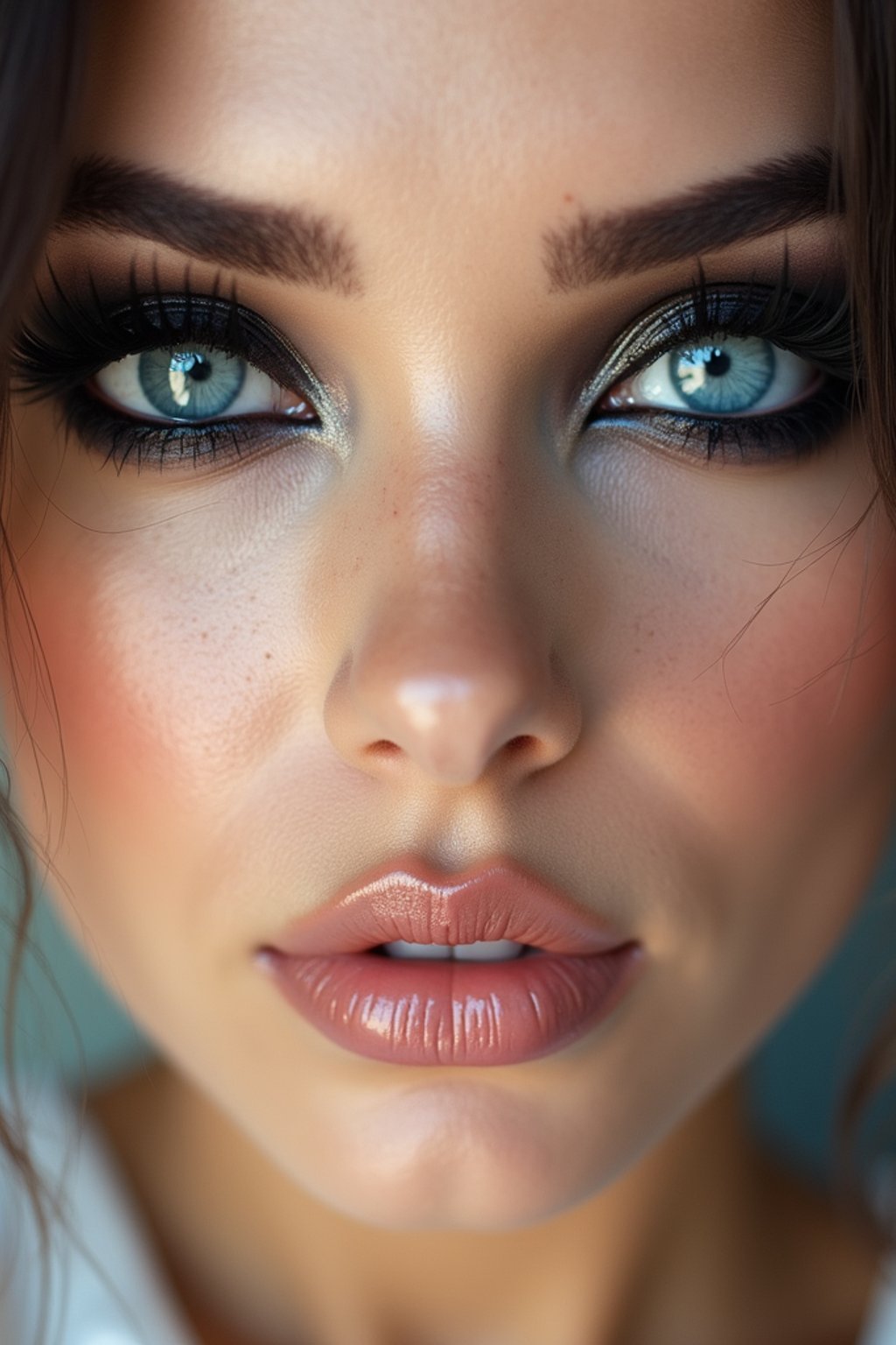 close up of woman with heavy smokey eye makeup, fake big eyelashes with lash lift.  dark black eyeshadow and thick eyeliner. contoured eyebrows. glossy reflective lipgloss. blue eye lenses. set against a soft, pastel background.