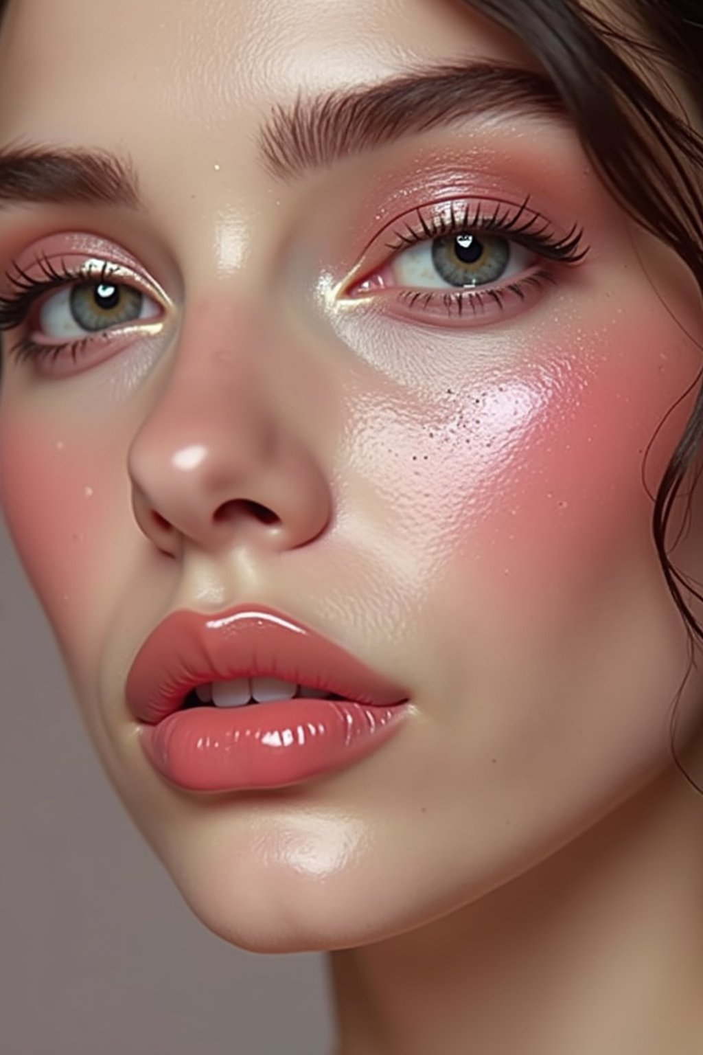 close up of woman with glossy reflective skin with blush and 3d lipgloss. soft pink eyeshadow. eyeliner.