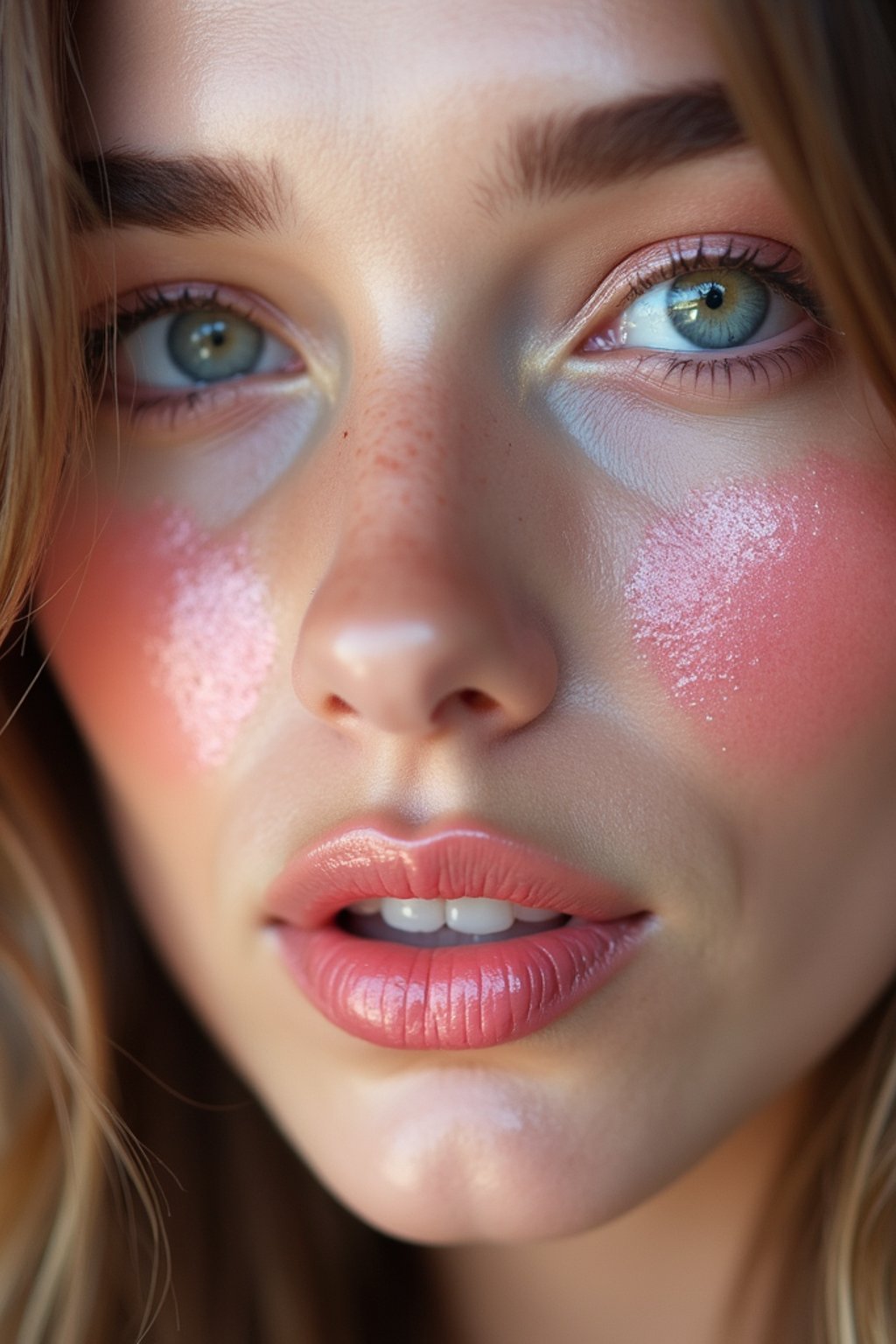 close up of woman with glossy reflective skin with blush and 3d lipgloss. soft pink eyeshadow. eyeliner.