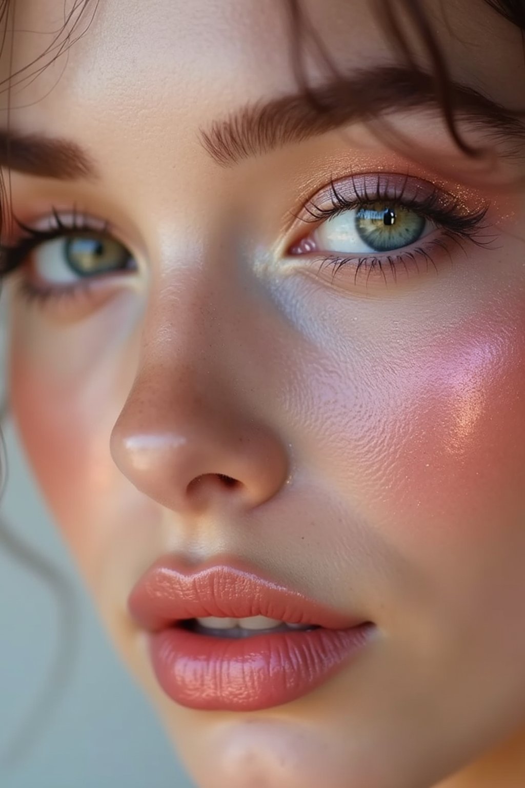 close up of woman with glossy reflective skin with blush and 3d lipgloss. soft pink eyeshadow. eyeliner.