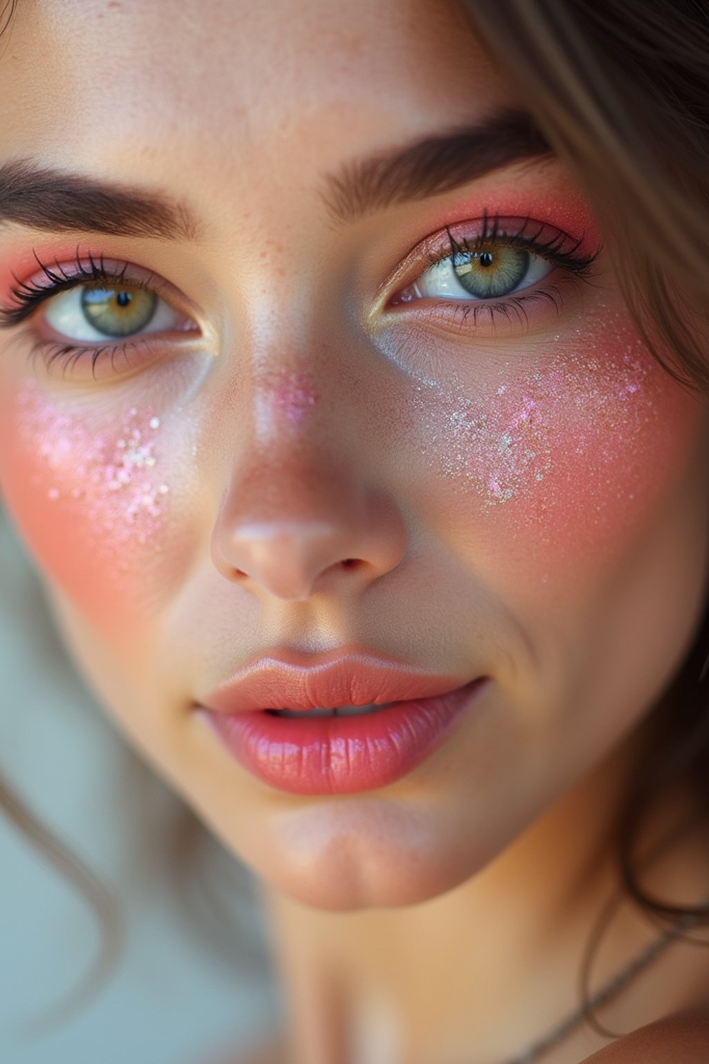 close up of woman with glossy reflective skin with blush and 3d lipgloss. soft pink eyeshadow. eyeliner.