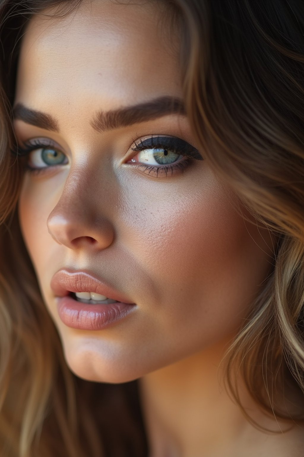 close up of woman with thick eyeliner makeup