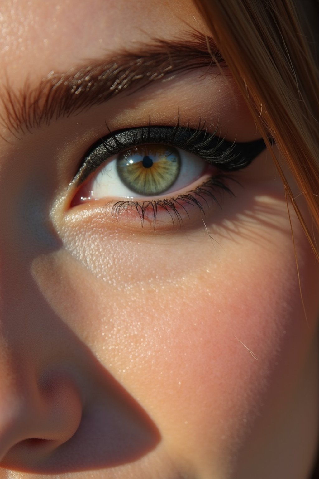 close up of woman with thick eyeliner makeup