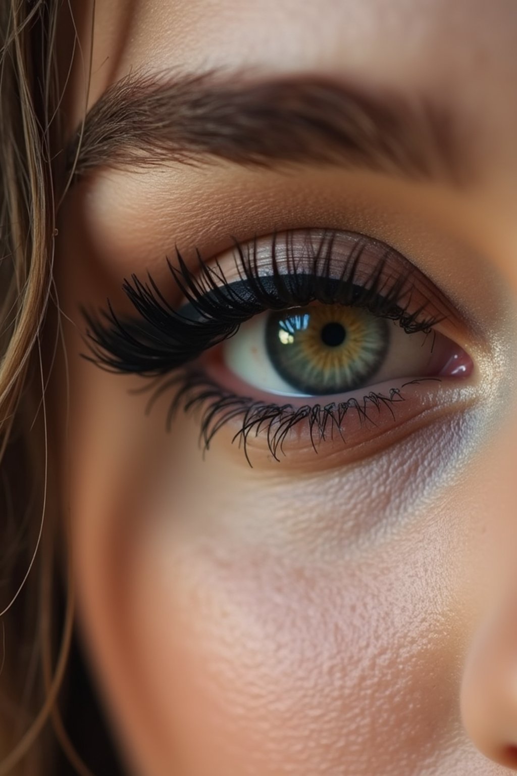 close up of woman with thick eyeliner makeup. eyeliner above eye. star eye lashes