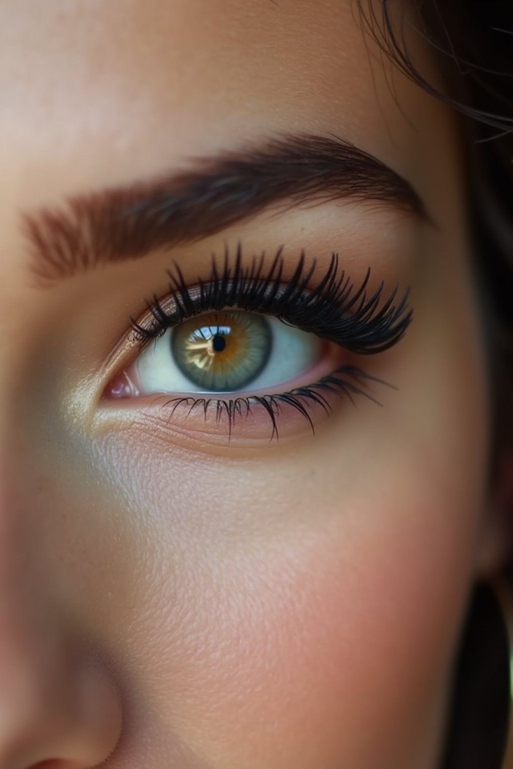 close up of woman with thick eyeliner makeup. eyeliner above eye. star eye lashes