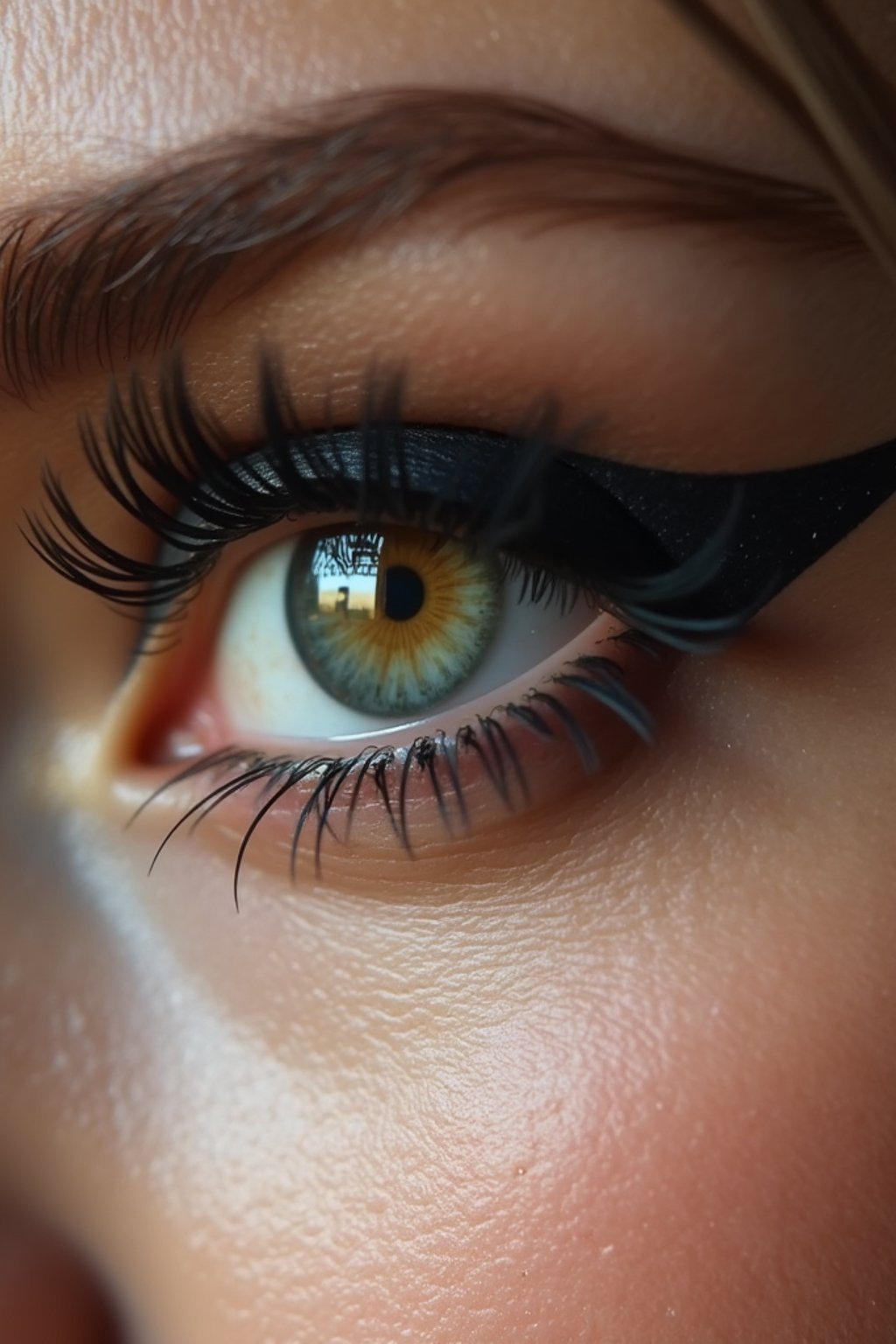 close up of woman with thick eyeliner makeup. eyeliner above eye. star eye lashes