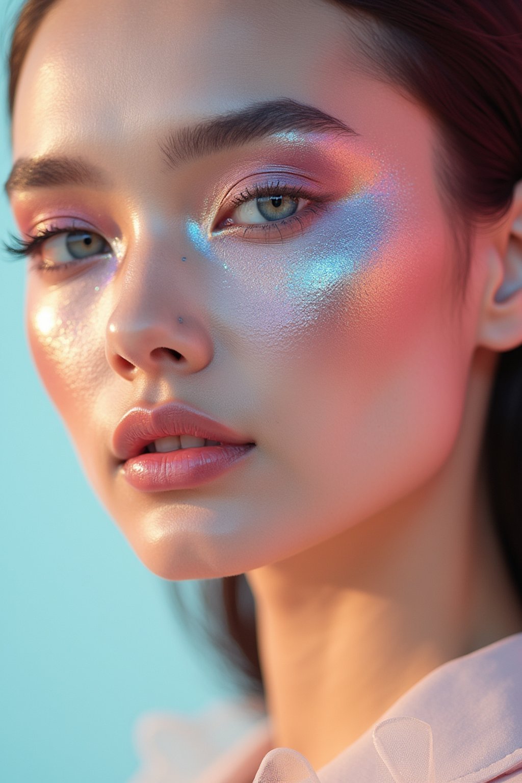 close-up of Futuristic makeup with metallic eyeshadow and sharp contouring. set against a soft, pastel background