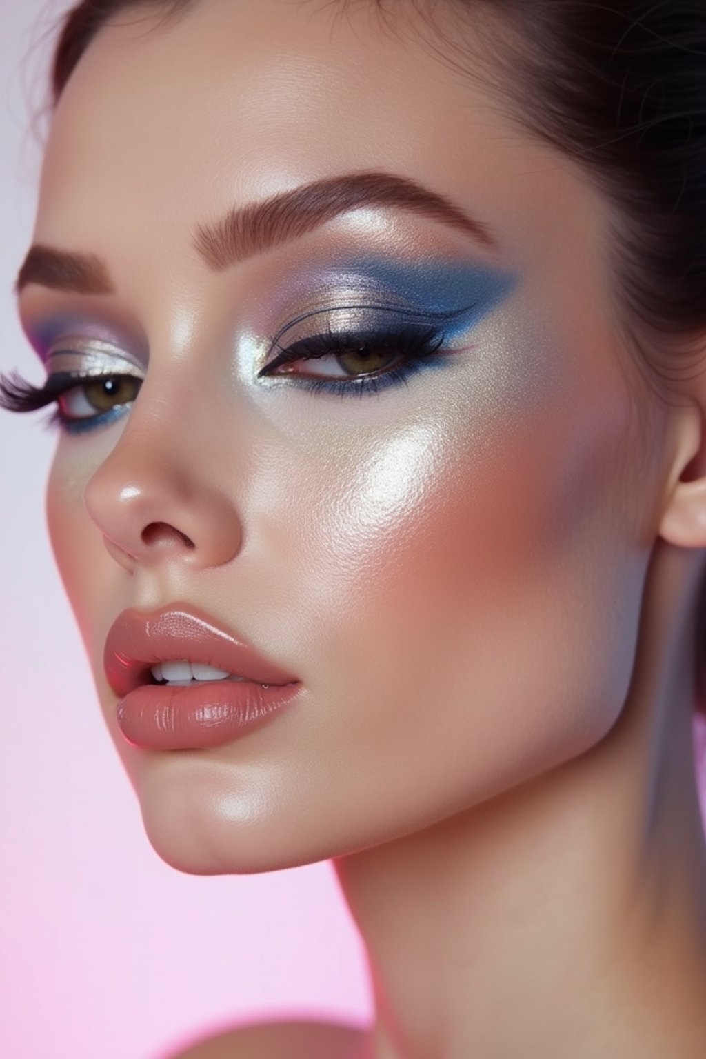 close-up of Futuristic makeup with metallic eyeshadow and sharp contouring. set against a soft, pastel background