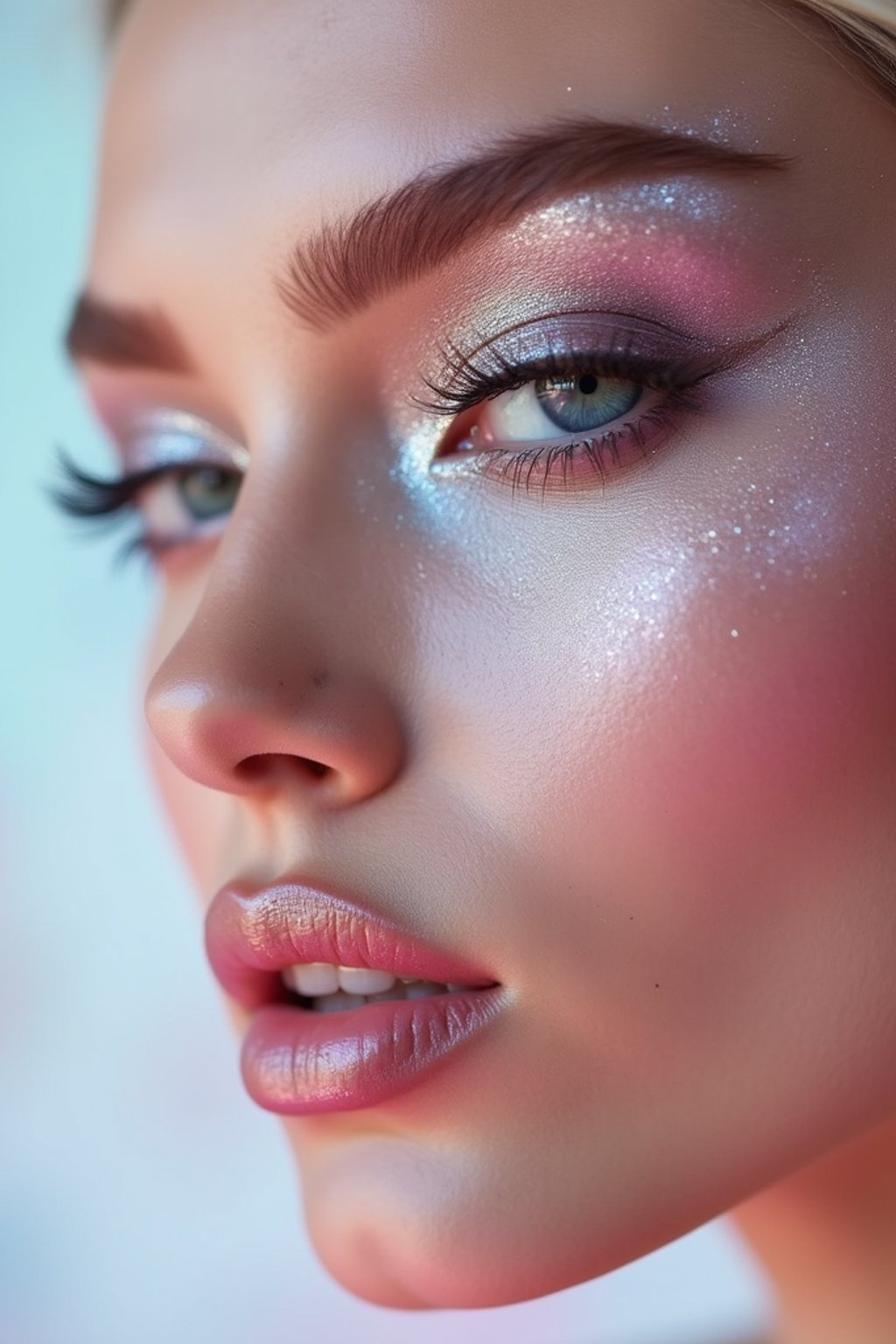 close-up of Futuristic makeup with metallic eyeshadow and sharp contouring. set against a soft, pastel background