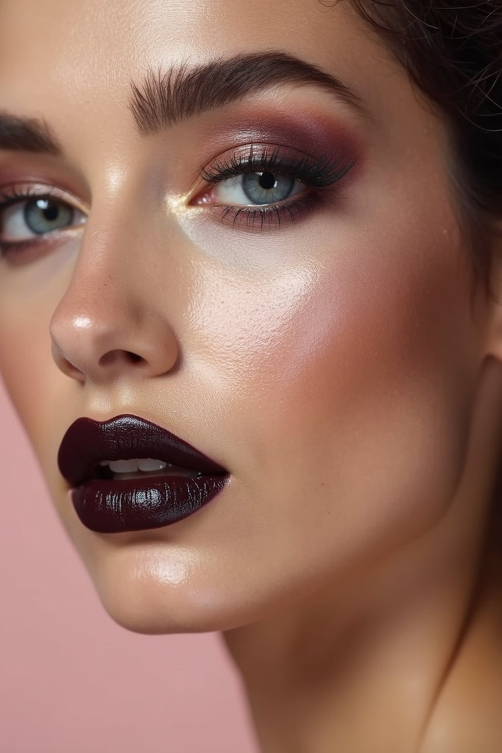 close-up of Edgy makeup look with dark, glossy lips and contoured cheeks. set against a soft, pastel background