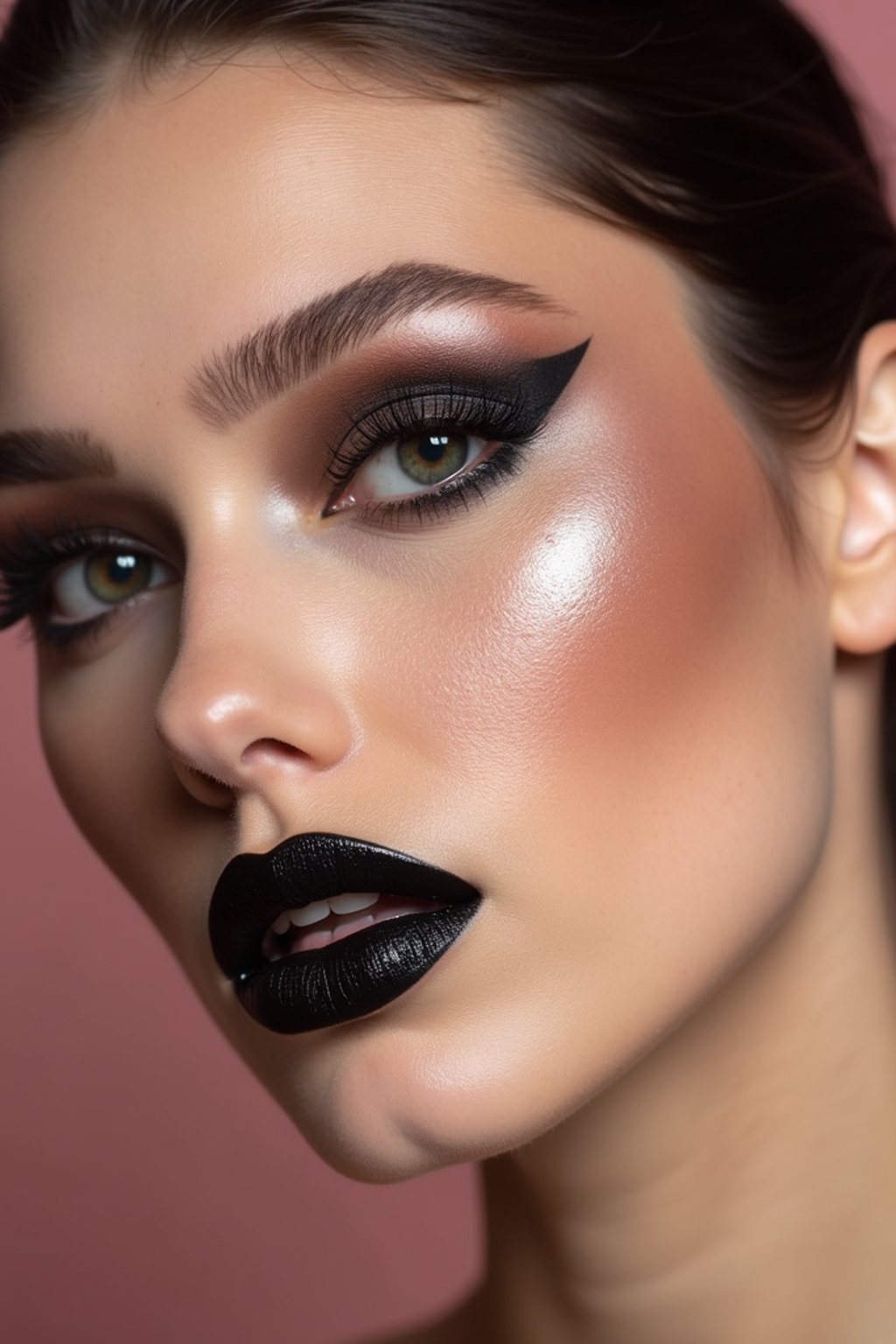 close-up of Edgy makeup look with dark, glossy lips and contoured cheeks. set against a soft, pastel background