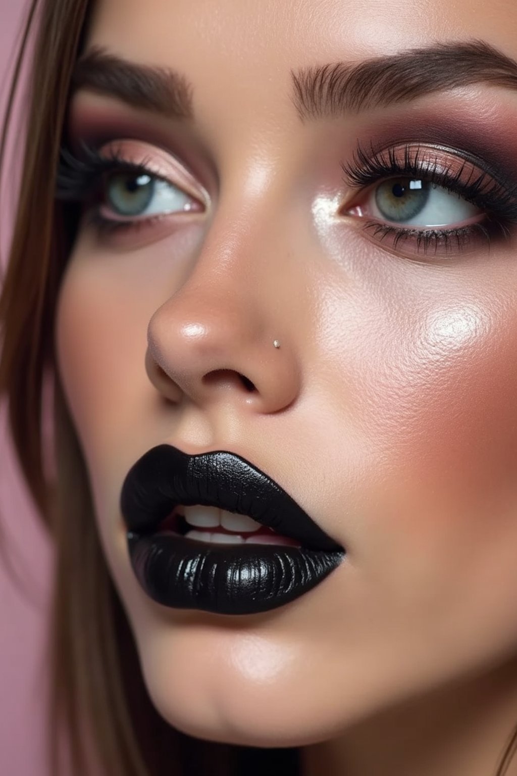 close-up of Edgy makeup look with dark, glossy lips and contoured cheeks. set against a soft, pastel background