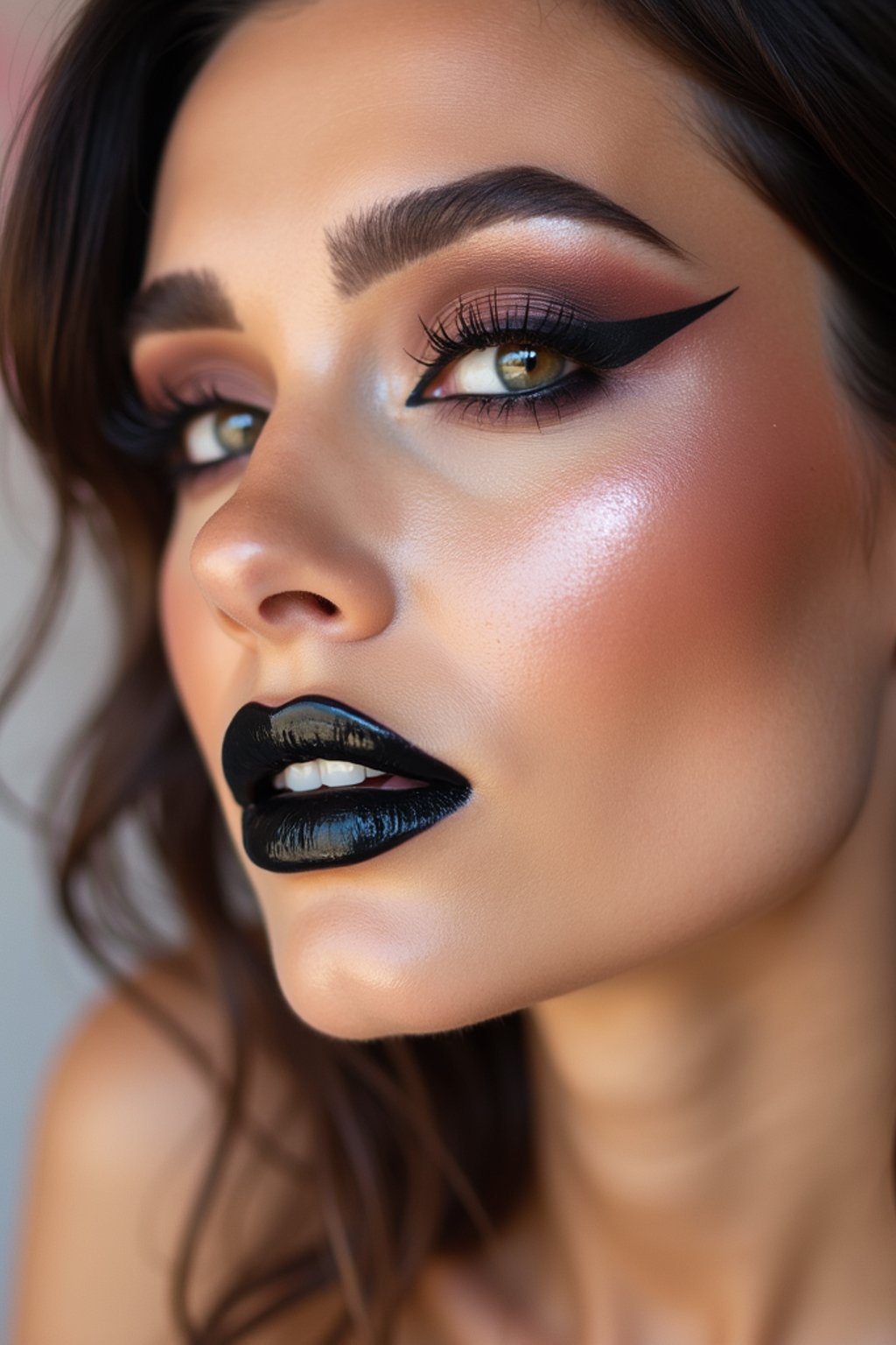 close-up of Edgy makeup look with dark, glossy lips and contoured cheeks. set against a soft, pastel background