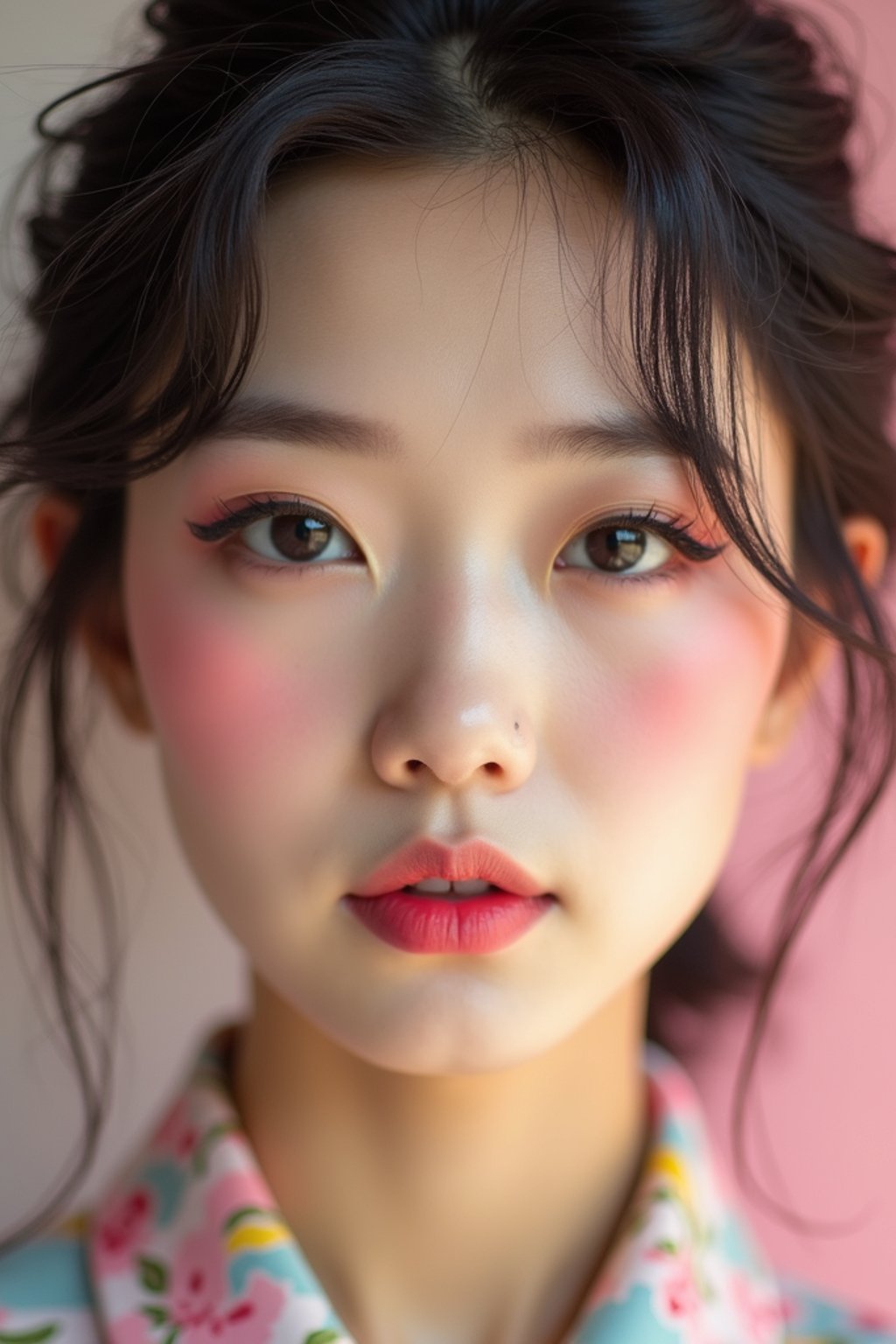 close-up of Model with a retro 60s makeup vibe, featuring thick eyeliner and pastel eyeshadow, paired with a vintage hairstyle. set against a soft, pastel background