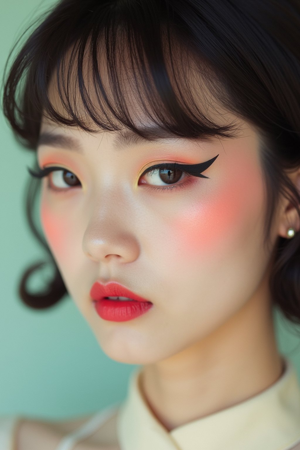 close-up of Model with a retro 60s makeup vibe, featuring thick eyeliner and pastel eyeshadow, paired with a vintage hairstyle. set against a soft, pastel background