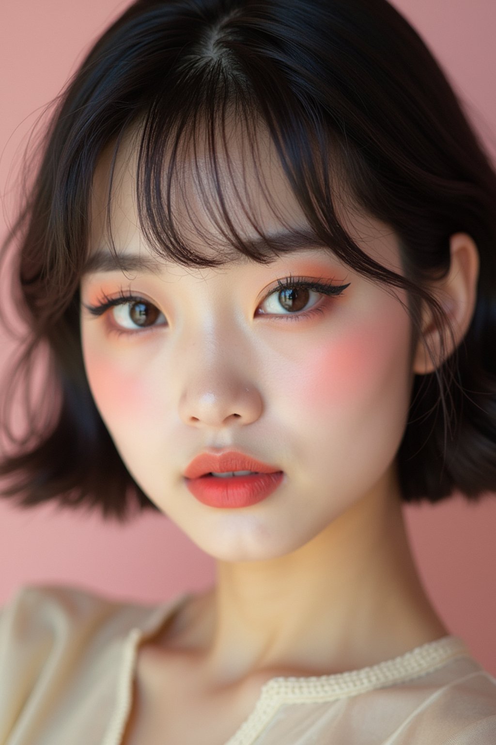 close-up of Model with a retro 60s makeup vibe, featuring thick eyeliner and pastel eyeshadow, paired with a vintage hairstyle. set against a soft, pastel background